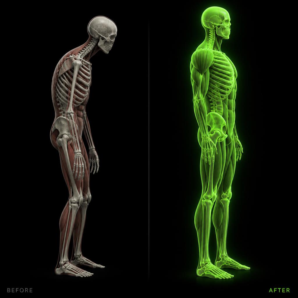 Before and after anatomical illustration: a slouched, weak musculoskeletal figure next to an upright, strong one