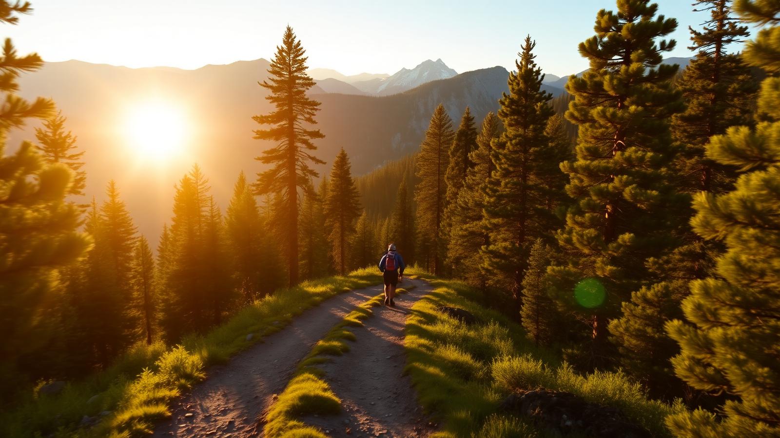 A sunlit mountain trail winding through pine forest, an image of a capable, active future